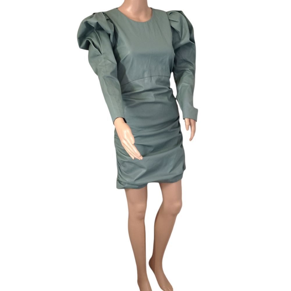 Zara Faux Leather Dress L Sexy Ruched Blogger Puff Sleeves Bodycon Avant Garde - Picture 4 of 16
